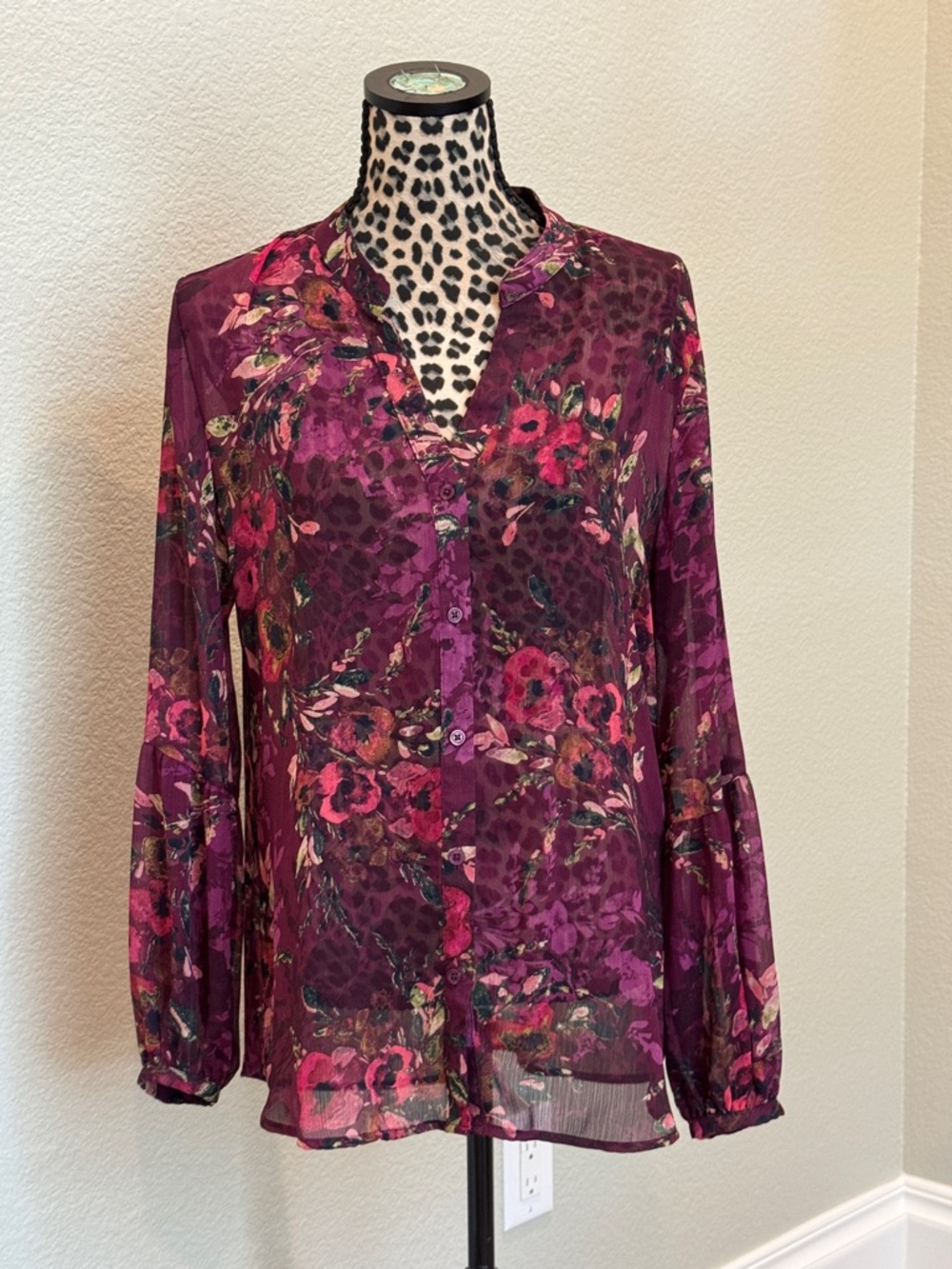 Kut from the Kloth Plum & Magenta Floral Sheer Button-Down Blouse